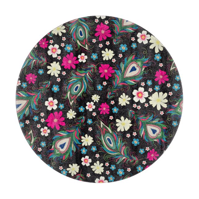 Peacock Feathers Embroidery Seamless Pattern Cutting Board (Front)