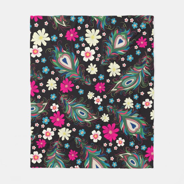 Peacock Feathers Embroidery Seamless Pattern Fleece Blanket (Front)