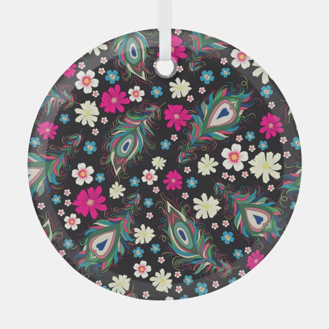 Peacock Feathers Embroidery Seamless Pattern Glass Tree Decoration (Front)