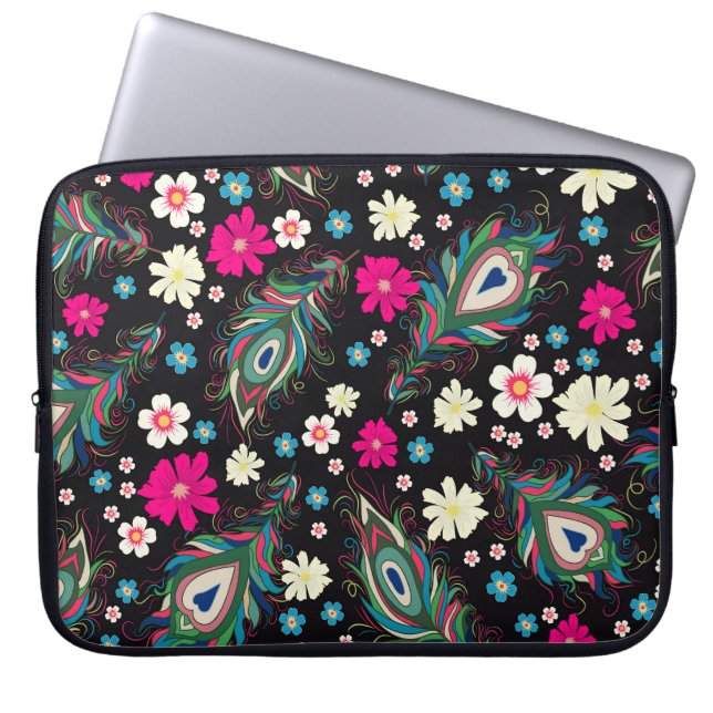 Peacock Feathers Embroidery Seamless Pattern Laptop Sleeve (Front)