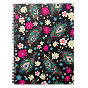 Peacock Feathers Embroidery Seamless Pattern Notebook