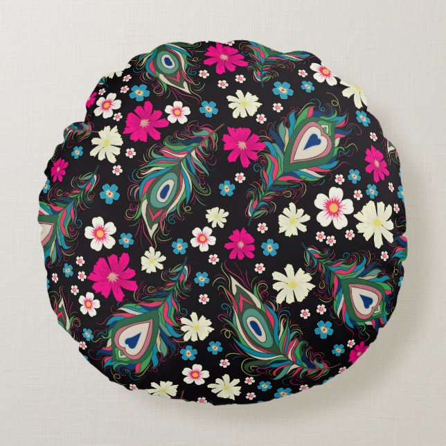 Peacock Feathers Embroidery Seamless Pattern Round Cushion (Front)
