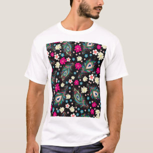 Peacock Feathers Embroidery Seamless Pattern T-Shirt