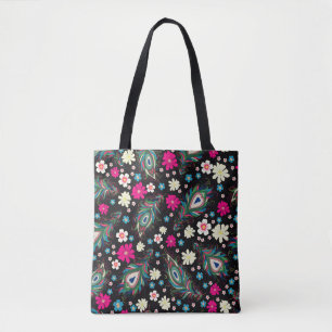 Peacock Feathers Embroidery Seamless Pattern Tote Bag