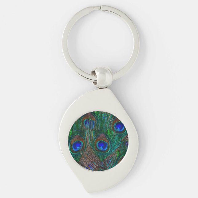 Peacock Feathers Etching Style Key Ring (Front)