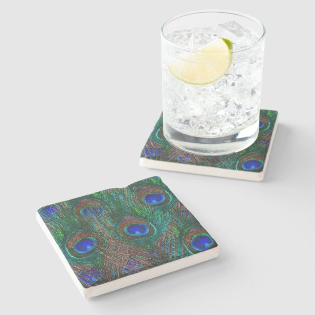 Peacock Feathers Etching Style Stone Coaster (Side)