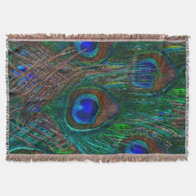 Peacock Feathers Etching Style Throw Blanket (Front)