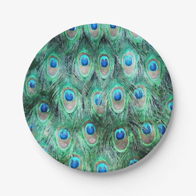 Peacock Feathers Exotic Wild Watercolor Pattern Paper Plate (Front)