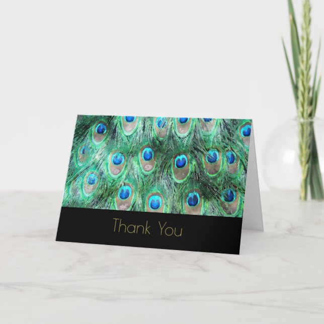 Peacock Feathers Exotic Wild Watercolor Thank You Card (Front)