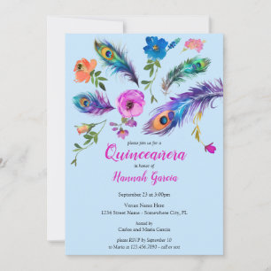 Peacock Feathers & Flowers Baby Blue Quinceañera Invitation