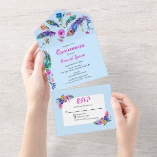 Peacock Feathers & Flowers Quinceañera Baby Blue All In One Invitation