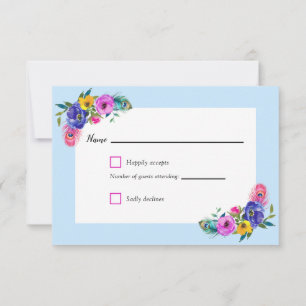 Peacock Feathers & Flowers Quinceañera Baby Blue RSVP Card