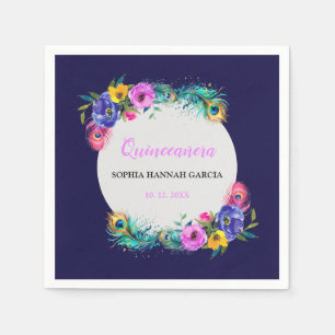 Peacock Feathers & Flowers Quinceañera Purple Napkin