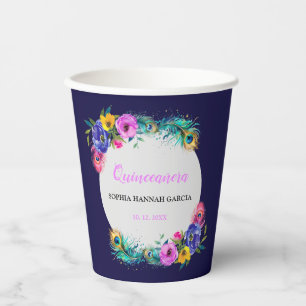 Peacock Feathers & Flowers Quinceañera Purple Paper Cups