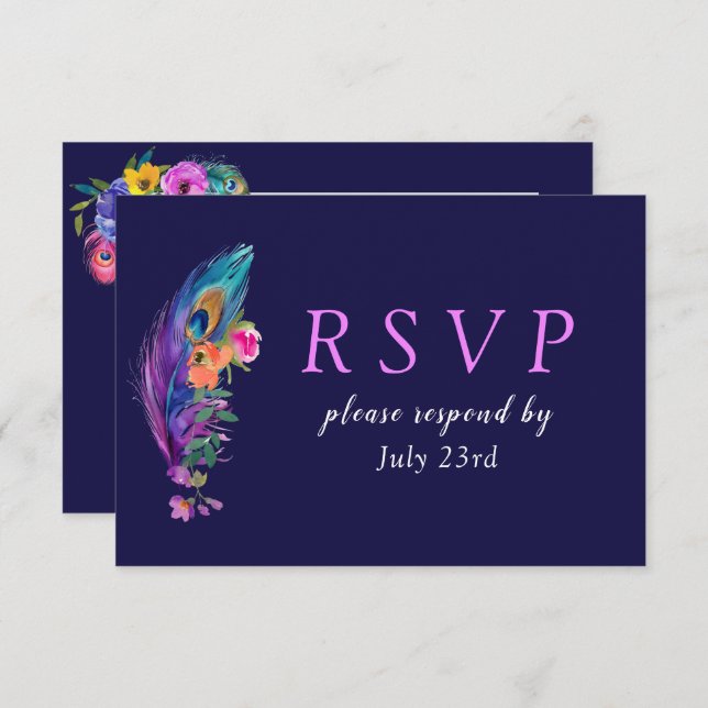 Peacock Feathers & Flowers Quinceañera RSVP Card (Front/Back)