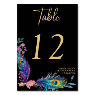 Peacock Feathers & Flowers Quinceañera Table Number
