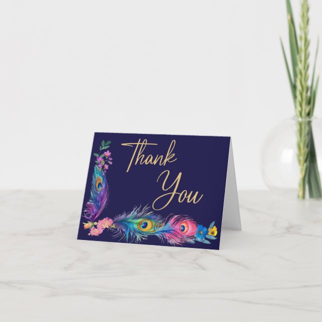 Peacock Feathers & Flowers Quinceañera Thank You Card (Front)