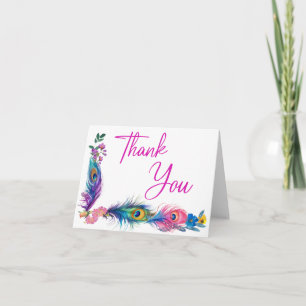 Peacock Feathers & Flowers Quinceañera White Thank You Card