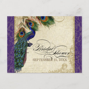 Peacock & Feathers Formal Bridal Shower Purple Invitation Postcard