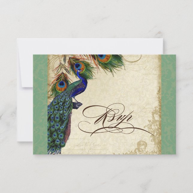 Peacock & Feathers Formal RSVP Response Green Tan (Front)