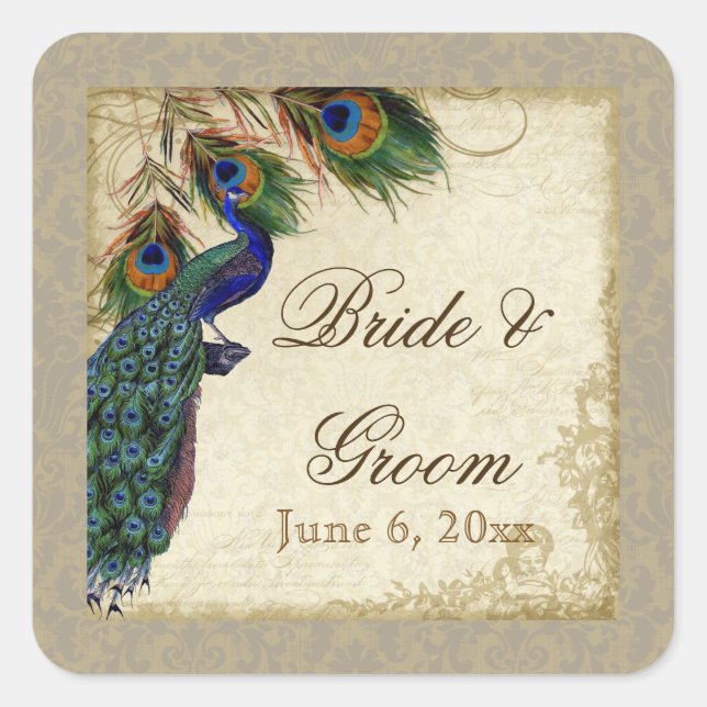 Peacock & Feathers Formal Wedding Favour Seals Tag (Front)