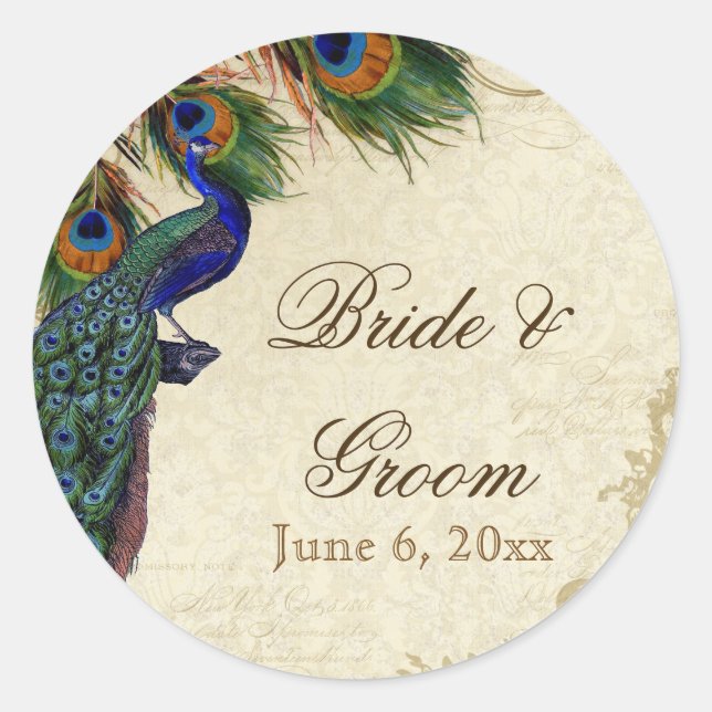 Peacock & Feathers Formal Wedding Favour Seals Tag (Front)