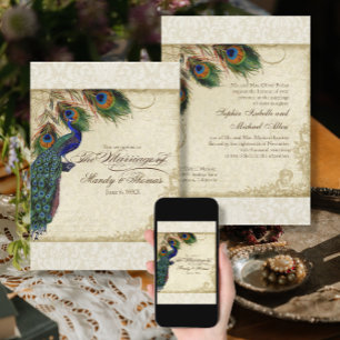 Peacock & Feathers Formal Wedding Invite Cream