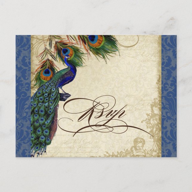 Peacock & Feathers Formal Wedding RSVP Response Invitation Postcard (Front)