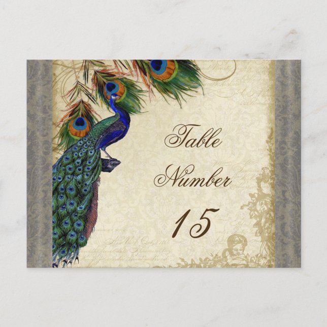Peacock & Feathers Formal Wedding Table Numbers Postcard (Front)