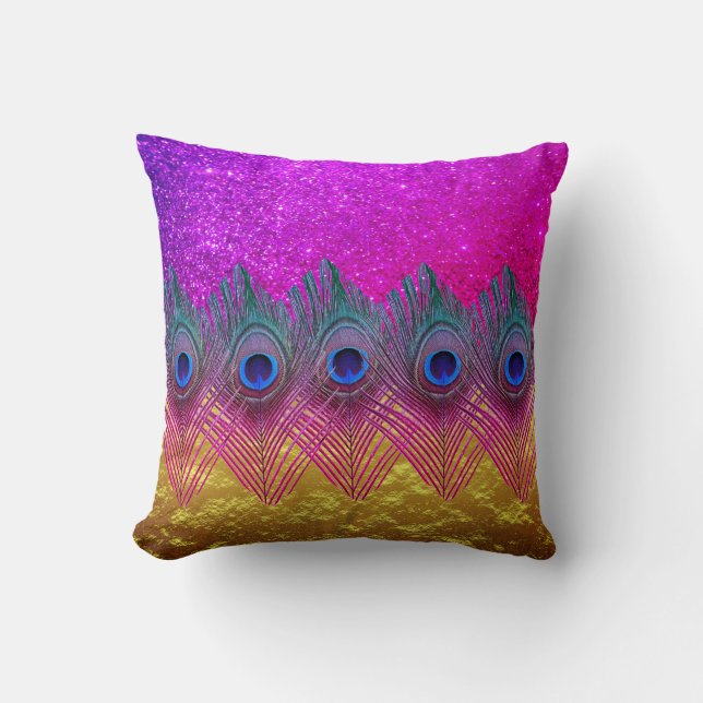 Peacock Feathers Glittery Pink Gold Foil Sparkly Cushion (Front)