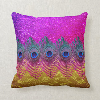 Peacock Feathers Glittery Pink Gold Foil Sparkly Cushion