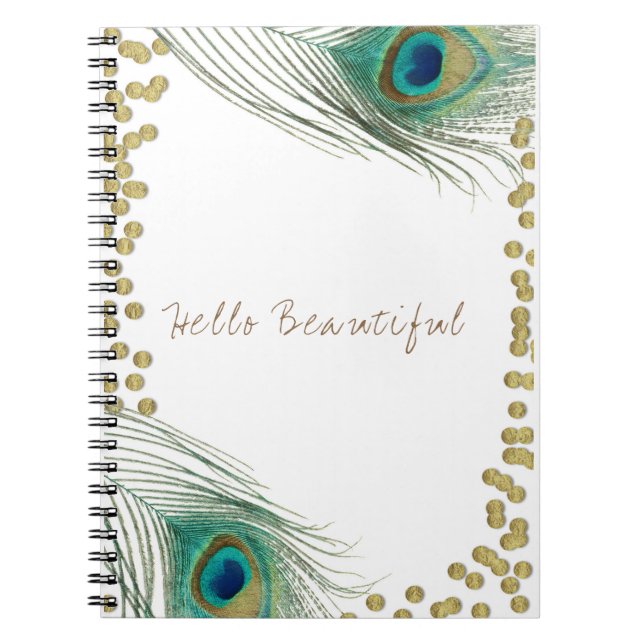Peacock Feathers & Gold Boho Glam Elegant Spiral Notebook (Front)