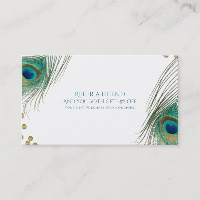 Peacock Feathers & Gold Boho Glam Refer a Friend Referral Card (Front)