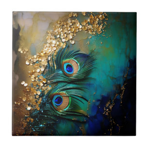 Peacock feathers gold foil splash marbled wall tile
