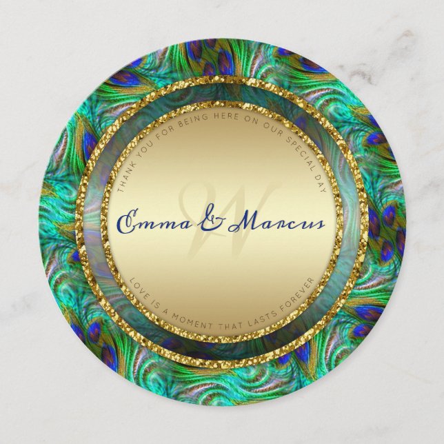 Peacock Feathers Gold Round Wedding Menu Cards (Front)