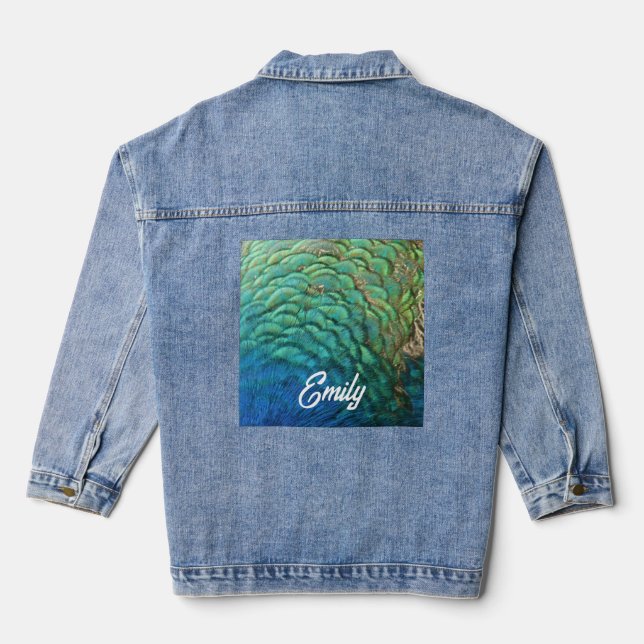 Peacock Feathers I Colourful Abstract Nature Desig Denim Jacket (Back)