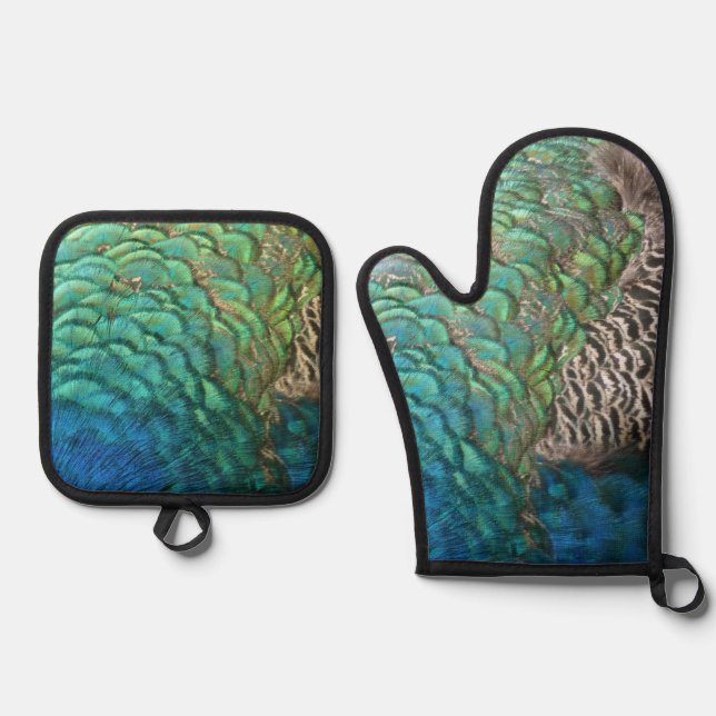 Peacock Feathers I Colourful Abstract Nature Desig Oven Mitt & Pot Holder Set (Front)