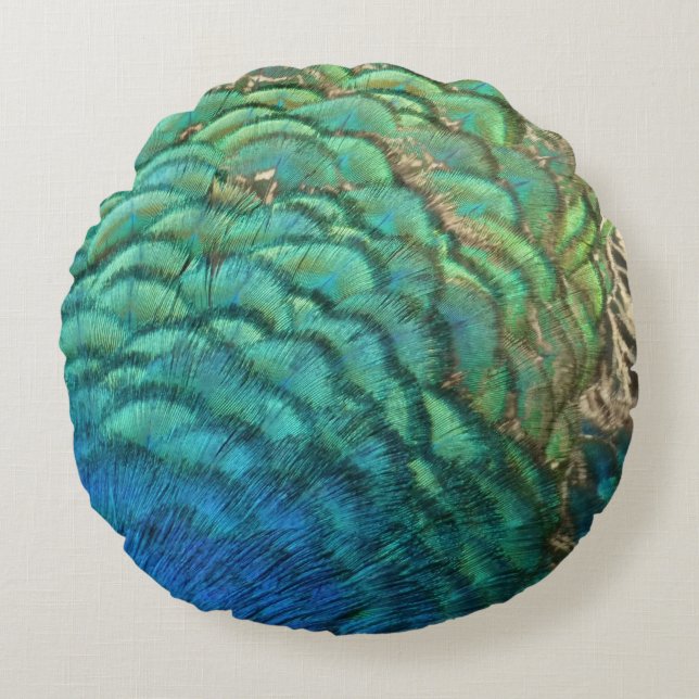 Peacock Feathers I Colourful Abstract Nature Desig Round Cushion (Front)