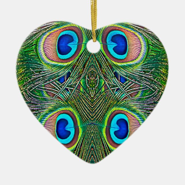 Peacock Feathers Kaleidoscope Print Ceramic Tree Decoration (Front)