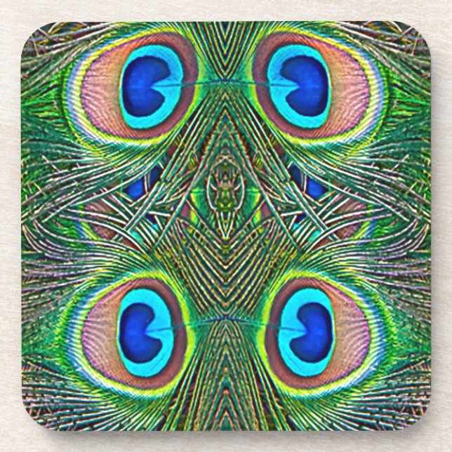Peacock Feathers Kaleidoscope Print Coaster (Front)