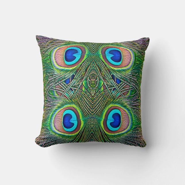 Peacock Feathers Kaleidoscope Print Cushion (Front)