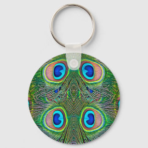 Peacock Feathers Kaleidoscope Print Key Ring