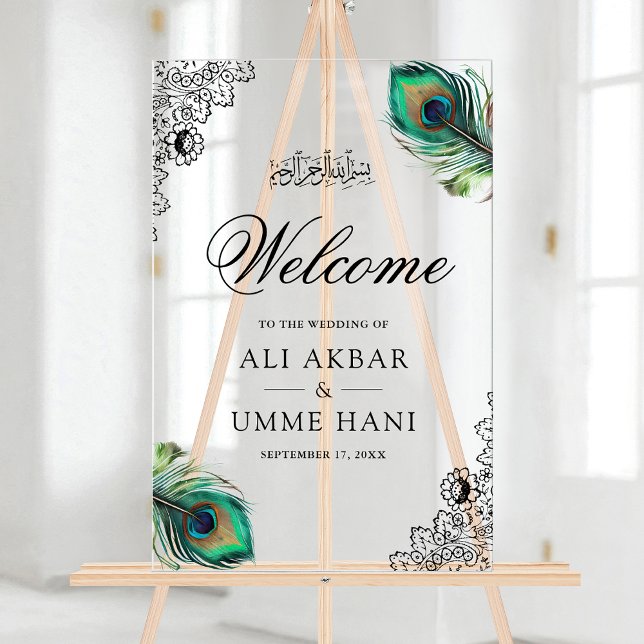 Peacock Feathers Lace Muslim Wedding Welcome Acrylic Sign (Creator Uploaded)