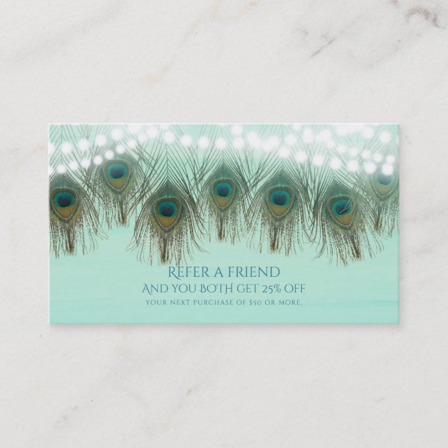 Peacock Feathers & Lights Rustic Refer a Friend Referral Card (Front)