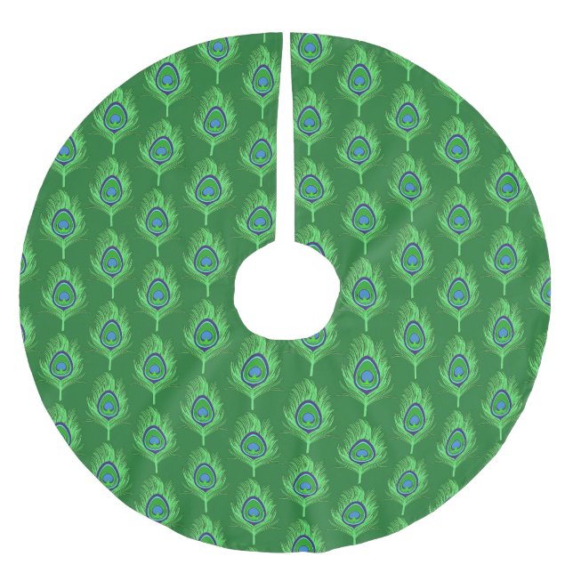 Peacock Feathers, Lime Green on Emerald Green Brushed Polyester Tree Skirt (Front)