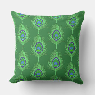 Peacock Feathers, Lime Green on Emerald Green Cushion