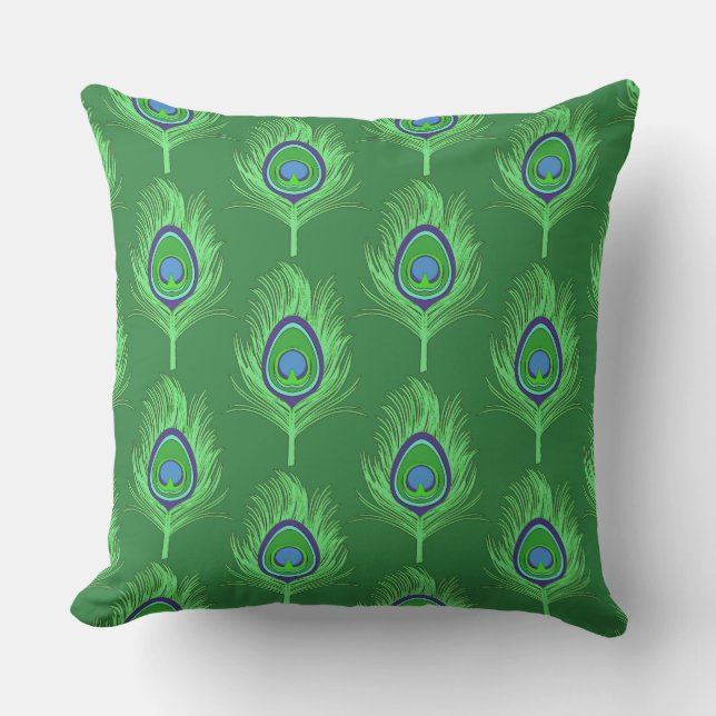 Peacock Feathers, Lime Green on Emerald Green Cushion (Front)