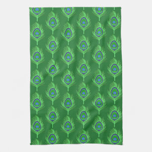Peacock Feathers, Lime Green on Emerald Green Tea Towel
