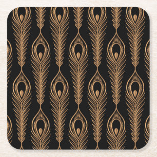 Peacock Feathers, Luxury Oriental Pattern. Square Paper Coaster