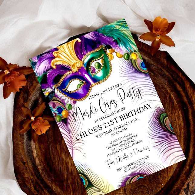 Peacock Feathers Mask Mardi Gras Masquerade Party Invitation (Creator Uploaded)